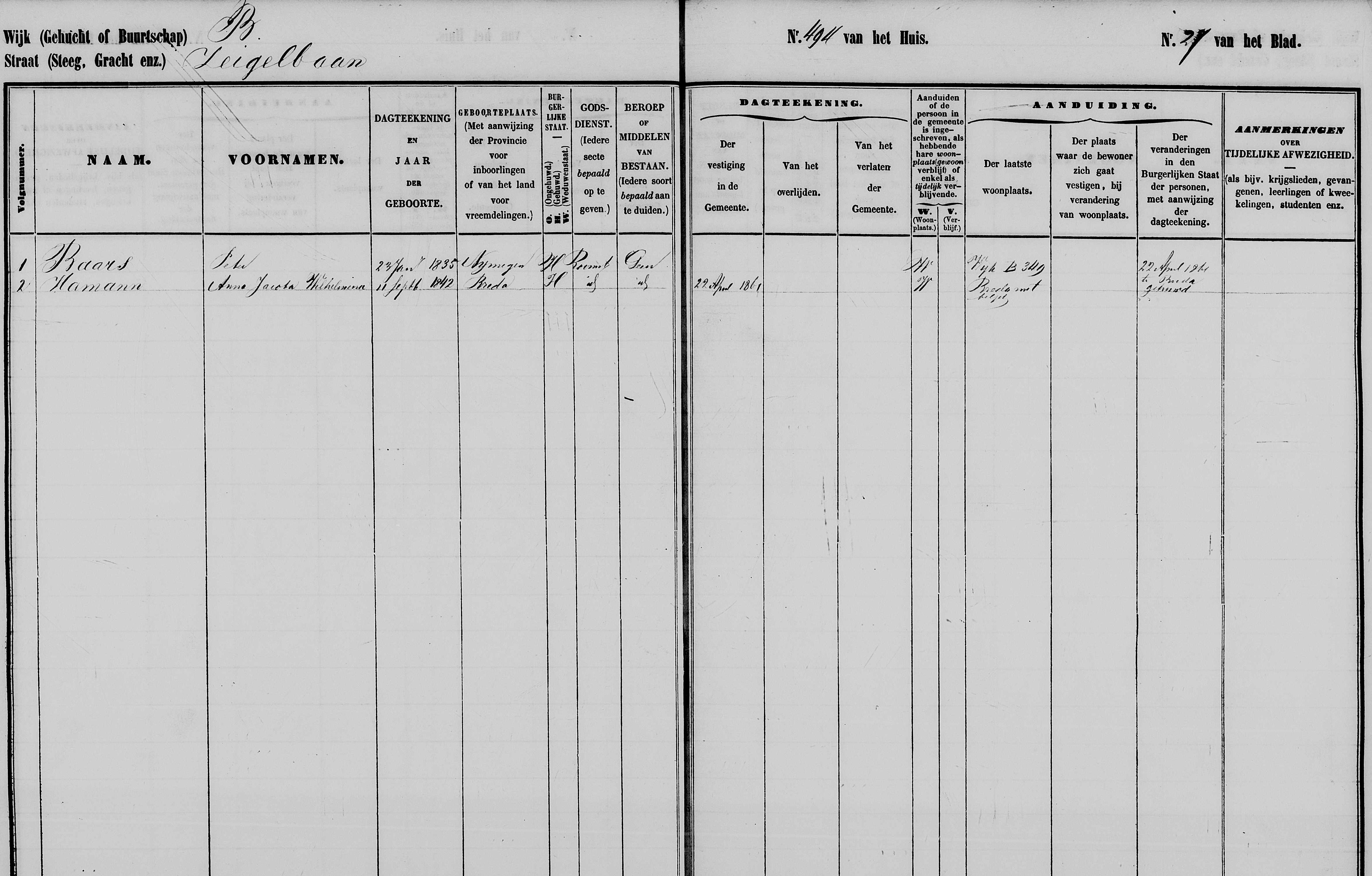  - bevolkingsregister Nijmegen 1850-1860 - Peter Baars en Anna Jacoba Wilhelmina Hamann